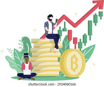 Bitcoin-Blockchain-Kryptowährung-Konzept. Gruppen von Menschen arbeiten mit goldener Münze der Kryptowährung in minimalem Design mit Hintergrund von Baumblättern. Minimale Investitionen für Bitcoin und Blockchain-Technologie