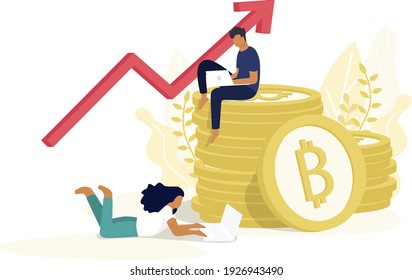 Concepto de criptodivisa de Bitcoin Blockchain. Grupo de personas trabajan con moneda de oro de criptodivisa en diseño mínimo con fondo de hojas de árbol. Inversiones mínimas en bitcoin y tecnología blockchain