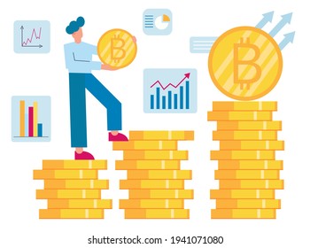 Bitcoin Blockchain cryptocurrency concept. A man walking up gold coins, graphs on white background. Business, finance and trade. Business investment.