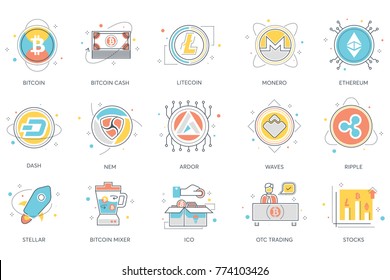 Bitcoin, blockchain & cryptocurrency flat icons. Including bitcoin cash, litecoin, monero, ethereum, dash, nem, ardor, waves, ripple, stellar, mixer, ico, otc trading, stocks vector illustration.