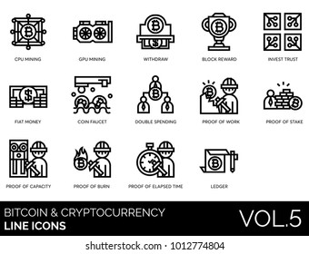 Bitcoin, blockchain & cryptocurrency icons. CPU & GPU mining, withdraw, block reward, invest trust, fiat money, coin faucet, double spending, proof of work, stake, capacity, burn, elapsed time, ledger