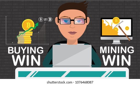 Bitcoin blockchain cryptovcurrency mining or buying is a win-win situation. Beginner's guide concept vector illustration. Smart tech guy in front of a notebook deciding best cost-benefit between them.