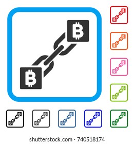 Bitcoin Blockchain icon. Flat grey iconic symbol in a light blue rounded frame. Black, gray, green, blue, red, orange color additional versions of Bitcoin Blockchain vector.