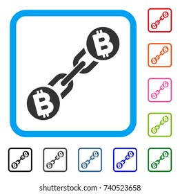 Bitcoin Blockchain icon. Flat grey iconic symbol in a light blue rounded rectangle. Black, gray, green, blue, red, orange color versions of Bitcoin Blockchain vector.