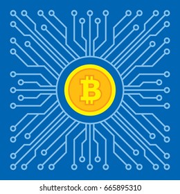 Bitcoin blockchain modern technology - creative vector illustration. Cryptocurrency digital money concept symbol. Computer chip network. Graphic design element. 