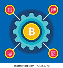 Bitcoin blockchain modern technology - creative vector illustration. Cryptocurrency digital money concept symbol. Cogwheel icon. Graphic design element.
