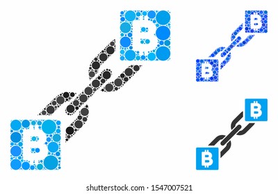 Bitcoin blockchain mosaic of circle elements in different sizes and color tints, based on Bitcoin blockchain icon. Vector circle elements are organized into blue illustration.