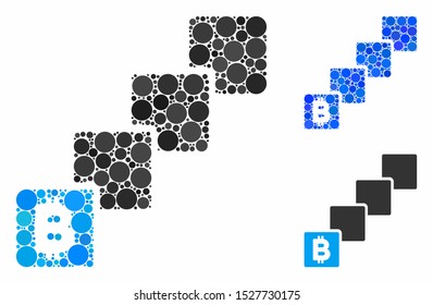 Bitcoin blockchain mosaic of round dots in different sizes and color tones, based on Bitcoin blockchain icon. Vector round dots are combined into blue mosaic.