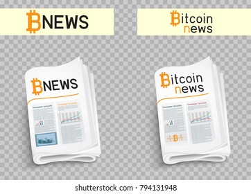 Bitcoin blockchain news logo set. Mining internet currency press. Financial business crypto electronic currency. Modern and future internet money symbol