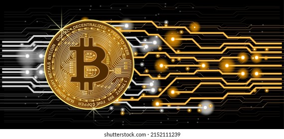 Bitcoin blockchain poster crypto currency digital encryption, digital money exchange. Computer circuit background. Network online money digital currency technology computer cryptography