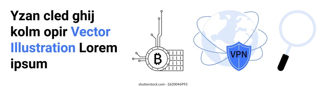 Bitcoin blockchain symbol, globe with VPN shield, and magnifying glass. Ideal for cybersecurity, blockchains, online privacy, search optimization, fintech, web security, and digital currencies