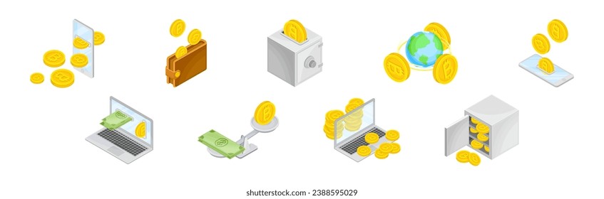Bitcoin-Blockchain-Technologie mit Coin-Isometric-Vektorset