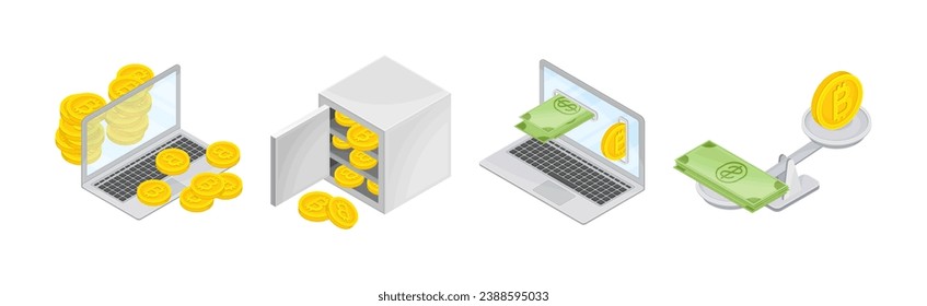 Bitcoin Blockchain Technology with Coin Isometric Vector Set
