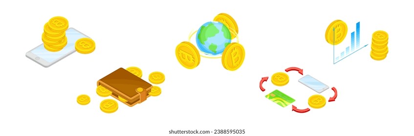 Bitcoin Blockchain Technology with Coin Isometric Vector Set