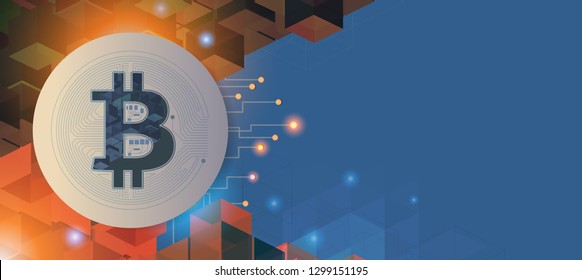 Bitcoin and blockchain technology concept on orange and blue template background with space for text layout