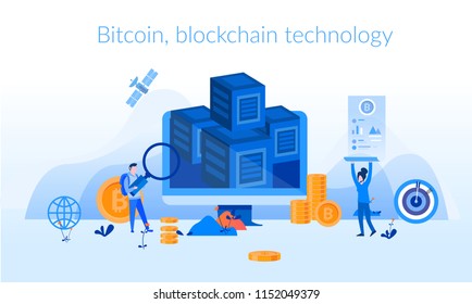 Bitcoin, blockchain technology, cryptocurrency mining, finance, digital money market, crypto coin wallet, crypto exchange flat vector illustration for mobile and web graphics