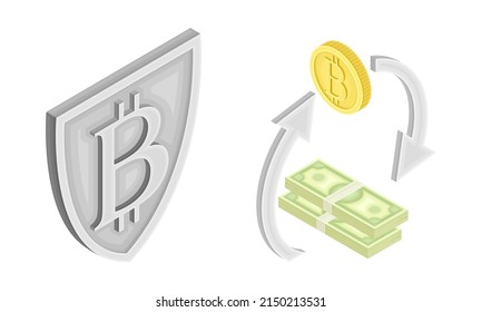 Bitcoin Blockchain Technology with Exchange and Transaction System and Shield Isometric Vector Set