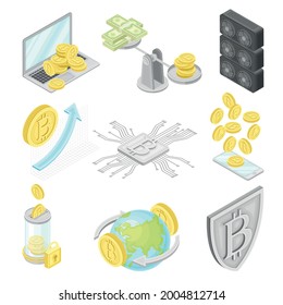 Bitcoin Blockchain Technology with Hardware and Transactions Isometric Vector Set