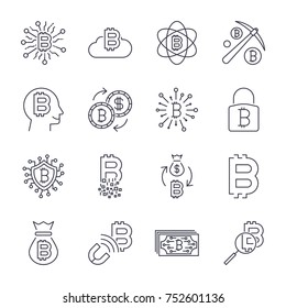 Bitcoin and blockchain technology icons set. Editable Stroke