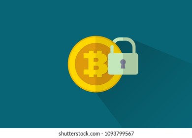 Bitcoin blocked by the virtual wallet. concept of blockchain protection and personal finance. flat style design.
