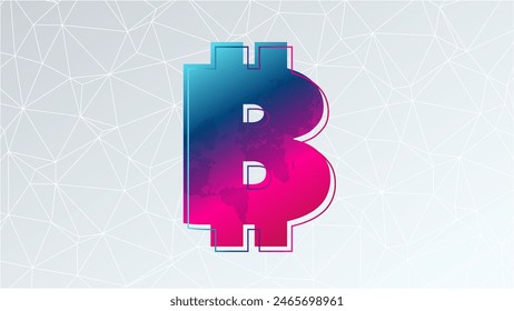 Bitcoin blue pink gradient sign. Triangle vector pattern. Blockchain technology, crypto currency symbol. Virtual money icon for business, finance, digital global trade, payment, worldwide, exchange