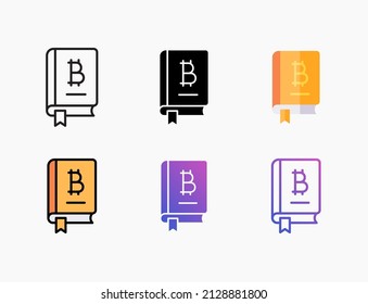 Bitcoin book icon set with line, outline, flat, filled, glyph, color, gradient. Editable stroke and pixel perfect. Can be used for digital product, presentation, print design and more.