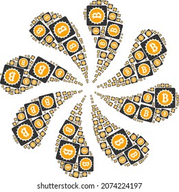 Bitcoin box icon explosion cluster flower salute composition. Rotation centrifugal explosion organized from scattered bitcoin box items.
