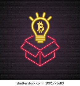 Bitcoin Box Light Icon Neon Light Glowing Vector Illustration with Dark Background
