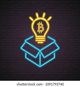 Bitcoin Box Light Icon Neon Light Glowing Vector Illustration with Dark Background Bright Box