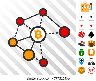 Bitcoin Broken Network pictograph with bonus casino graphic icons. Vector illustration style is flat iconic symbols. Designed for gamble apps.