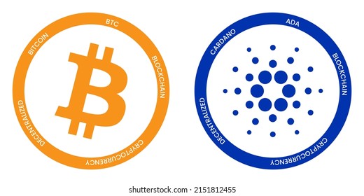 Bitcoin BTC and Cardano ADA crypto logos. Cryptocurrency symbol set vector illustration template