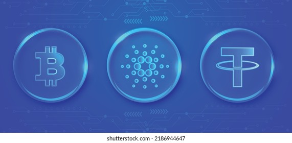 Bitcoin BTC, Cardano ADA y Tether USDT neon ilumina símbolos cripto moneda y logotipo vectorial ilustración banner.