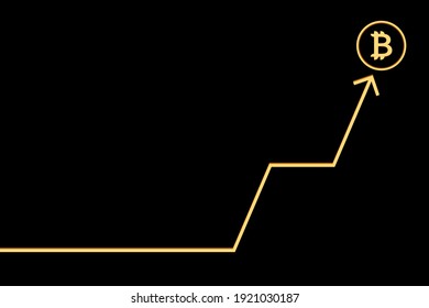 Bitcoin BTC is climbing to the next peak. Black background with yellow up arrow with bitcoin icon - vector eps 10