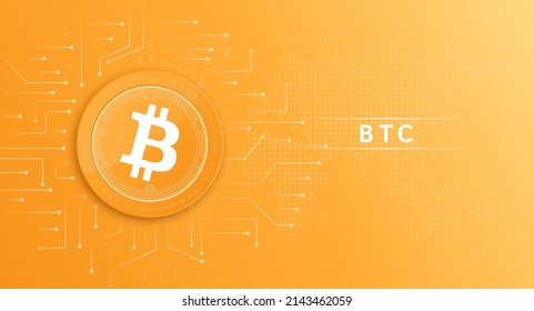 Bitcoin (BTC) coin cryptocurrency token symbol. Coin icon on orange  background. Technology for finance in International stock blockchain. Vector illustration.