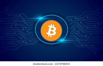 Logo de la moneda de Bitcoin BTC con diseño de fondo de círculo con temática criptográfica. Bitcoin Token divisa vector ilustración tecnología de bloqueo 