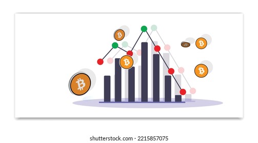 El precio de la moneda de Bitcoin BTC baja con el gráfico de barras y líneas. Ilustración vectorial del concepto financiero criptodivisa digital Bitcoin sobre fondo blanco.