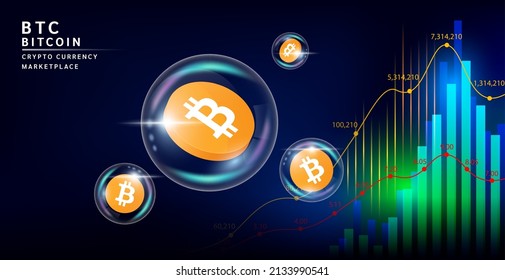 Símbolo de moneda de bitcoin (BTC) en burbuja de jabón. Sobre el fondo abstracto del gráfico de material de tecnología futurista. Moneda de criptografía inestable para el comercio de criptografía en el mercado de valores. EPS10 vectores.