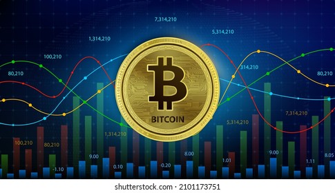 Monedas BITCOIN BTC. Ilustración vectorial 3D. Cryptocurrency blockchain Tecnología futura de sustitución de divisas digitales. Moneda alternativa, gráfico de acciones doradas plateadas, número de acciones hacia abajo en segundo plano