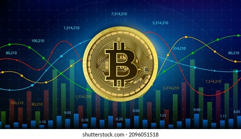BITCOIN BTC Coins cryptocurrency blockchain Future digital currency replacement technology. alternative currency, Silver golden stock chart, stock numbers up down in background. 3D Vector illustration