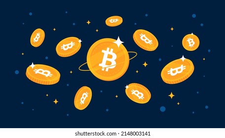 Bitcoin (BTC) coins falling from the sky. BTC cryptocurrency concept banner background.