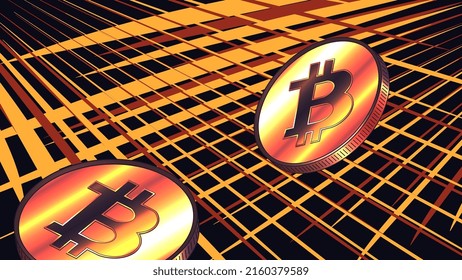 Bitcoin BTC coins on grid from lines on dark background. BTC symbol of modern digital gold and money. Vector illustration.