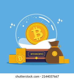 Concepto de regalo de criptografía de Bitcoin BTC. Cartera y bolsa de criptografía con pilas de monedas. Elementos vectores virtuales de moneda digital de donación y Airdrop. 