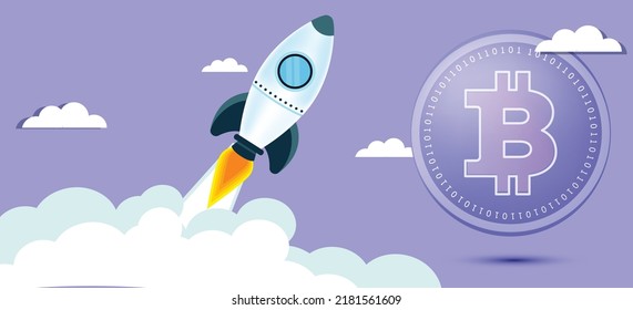 Bitcoin BTC crypto currency coin symbol with spaceship vector illustration banner and background