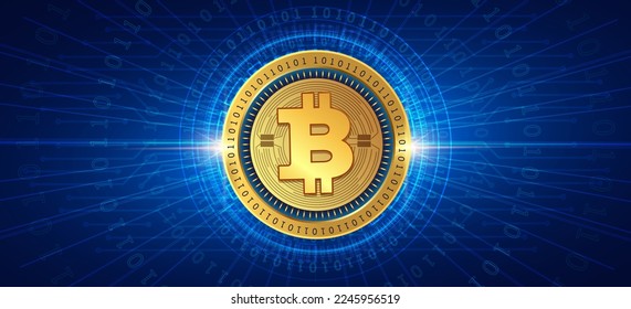Bitcoin BTC crypto currency coin on futuristic technology background vector. Blockchain based virtual money concept banner, poster and wallpaper illustration