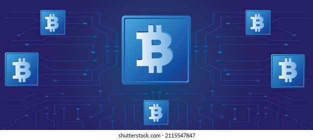 Fondo de la tecnología de ilustración de vector de concepto de criptografía de bitcoin BTC. Diseño de banner de temas de red conectados de forma futurista