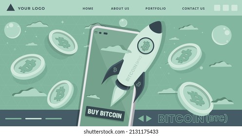 Bitcoin BTC Crypto Currency Concept Website Landing Page Design. Crypto Coins, Smartphone And Spaceship Vector Illustration Elements. Block Chain Based Virtual Payment Theme Banner Designs.