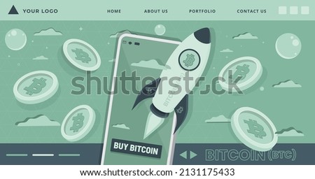 Bitcoin BTC crypto currency concept website landing page design. Crypto coins, smartphone and spaceship vector illustration elements. Block chain based virtual payment theme banner designs.