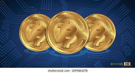 Bitcoin (BTC) crypto currency golden coins banner vector illustration on a modern technology background template