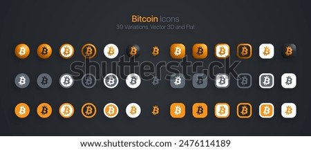 Bitcoin BTC Crypto Currency Modern 3D And Flat Icons Set Vector Isolated On Dark Background. Blockchain Technology Cryptocurrency Coins Logo In Different Styles For Financial Exchange Digital Business