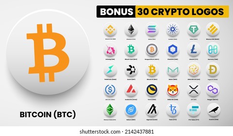 Bitcoin BTC crypto logo symbols of cryptocurrency. Set of Bitcoin, Ethereum, Solana, Binance Coin, Binance USD, litecoin,avalanche, chainlink, maker, dogecoin, USD Coin, Shiba Inu, Polygon, and Helium